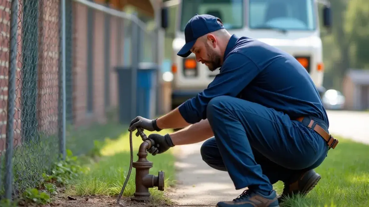 Plumber at the hose bib of a 1950s brick ranch house in Rockdale TX