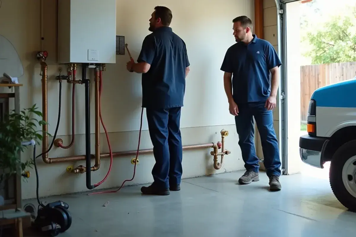 Tankless water heater with an upsized gas line on a garage wall in Round Rock TX