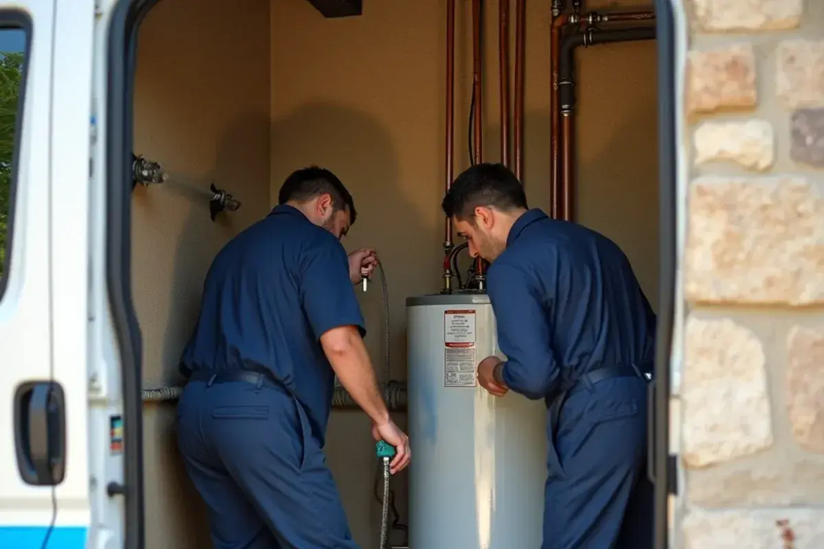 Plumber servicing a water heater in a small Main Street shop in Salado TX