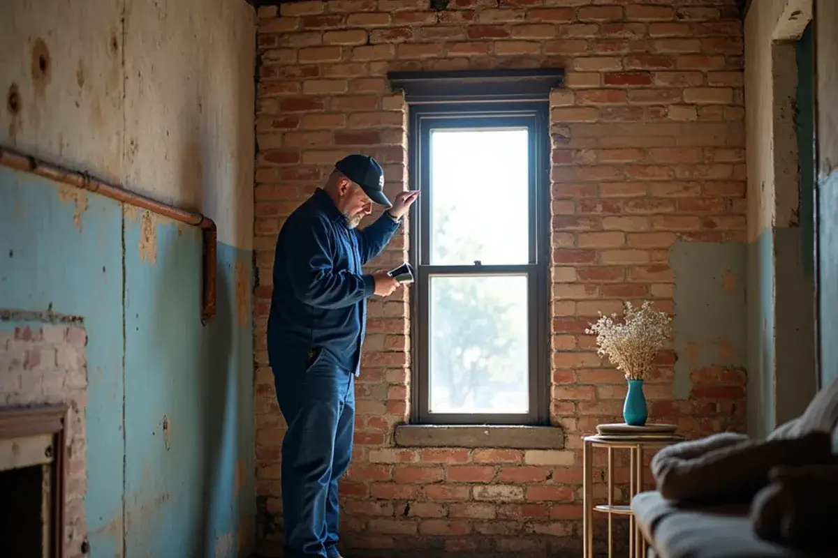 Plumber inspecting a cast-iron drain stack in a historic storefront in Taylor TX