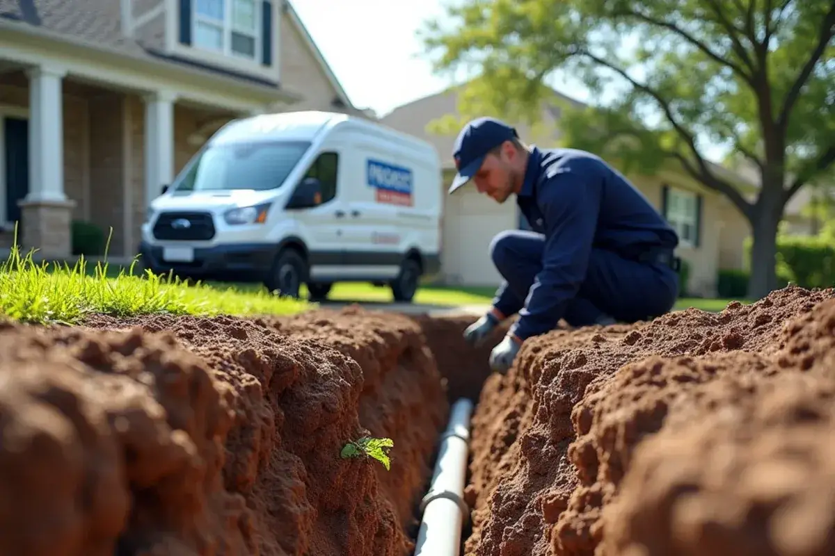 Root-filled clay-tile sewer lateral dug up in black clay soil in Temple TX