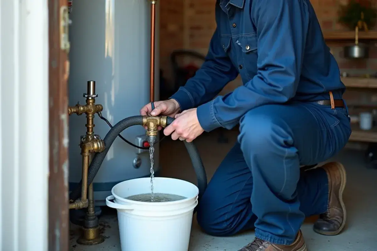Plumber flushing sediment from a gas water heater in a 1990s slab home in Temple TX