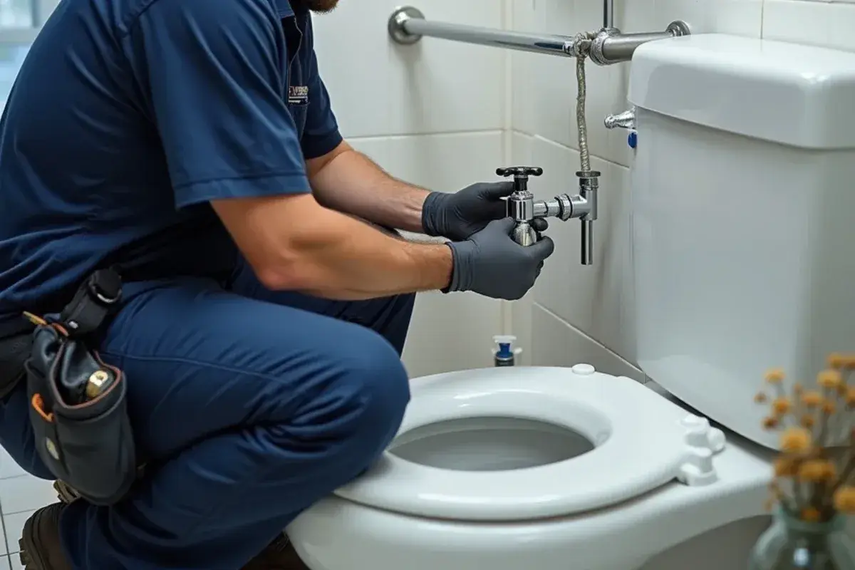 Plumber repairing a commercial flush valve in a clinic restroom in Temple TX