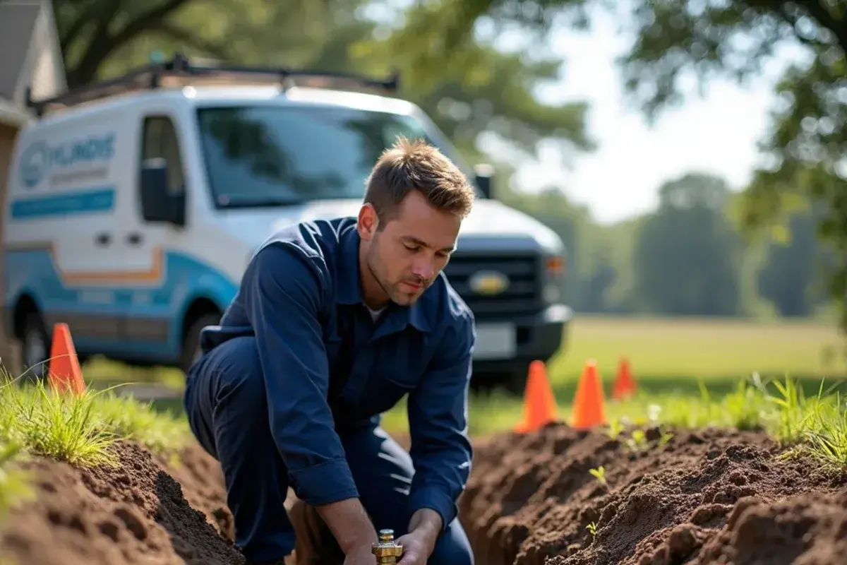 Plumber repairing a leaking yard water line in black clay near Weir TX
