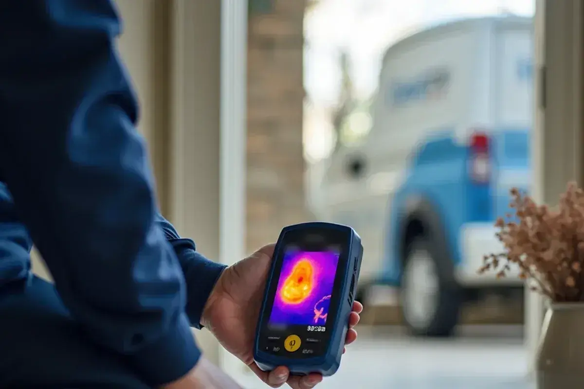 Thermal camera showing a hot-water slab leak under a Georgetown TX bathroom floor
