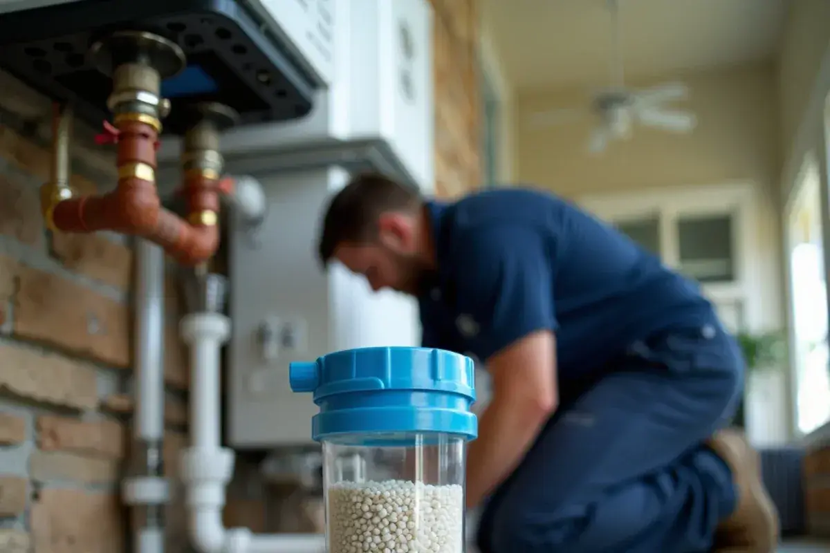 Condensate neutralizer under a condensing tankless heater in Georgetown TX