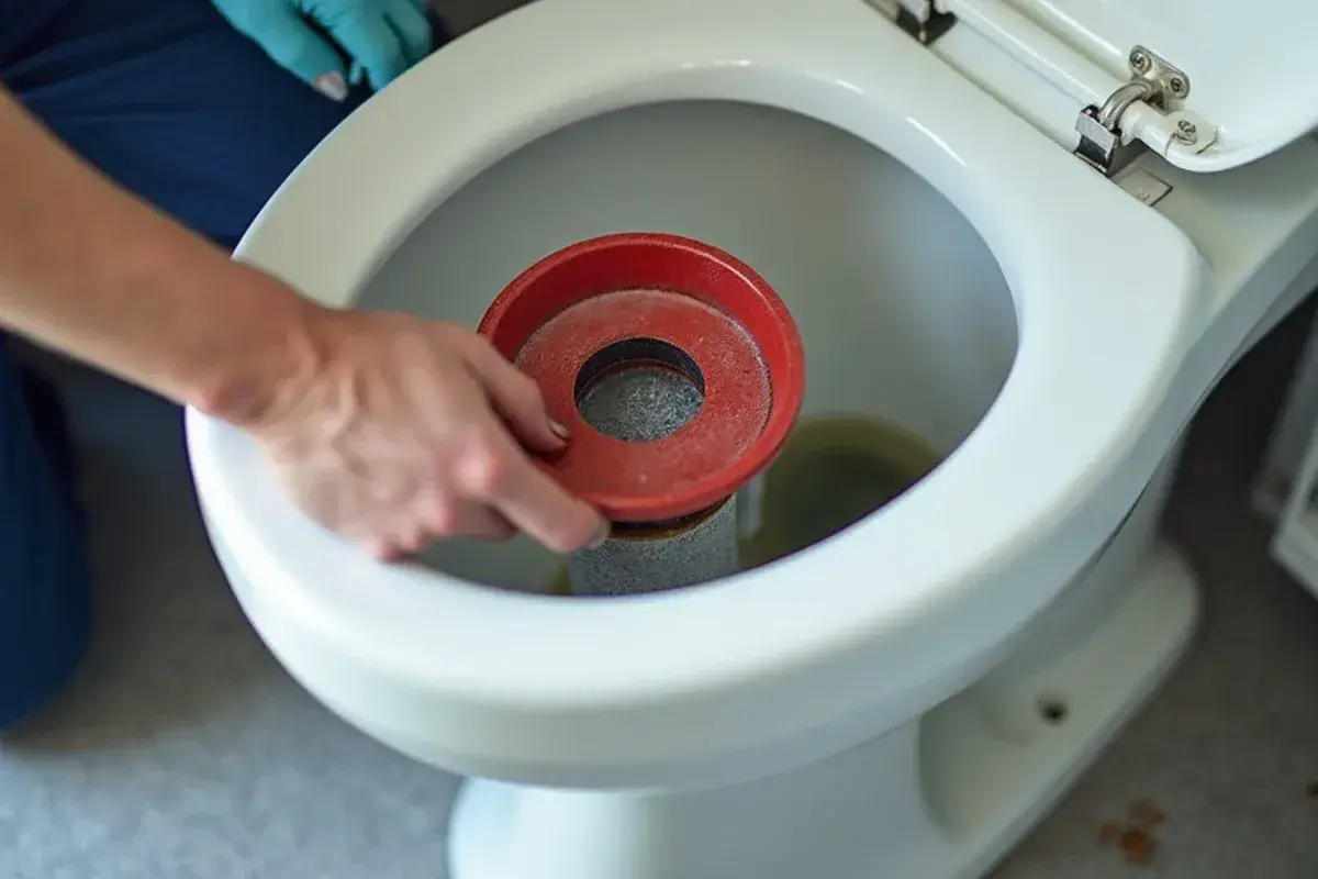 Worn toilet flapper on a scaled flush valve seat in a Georgetown TX bathroom