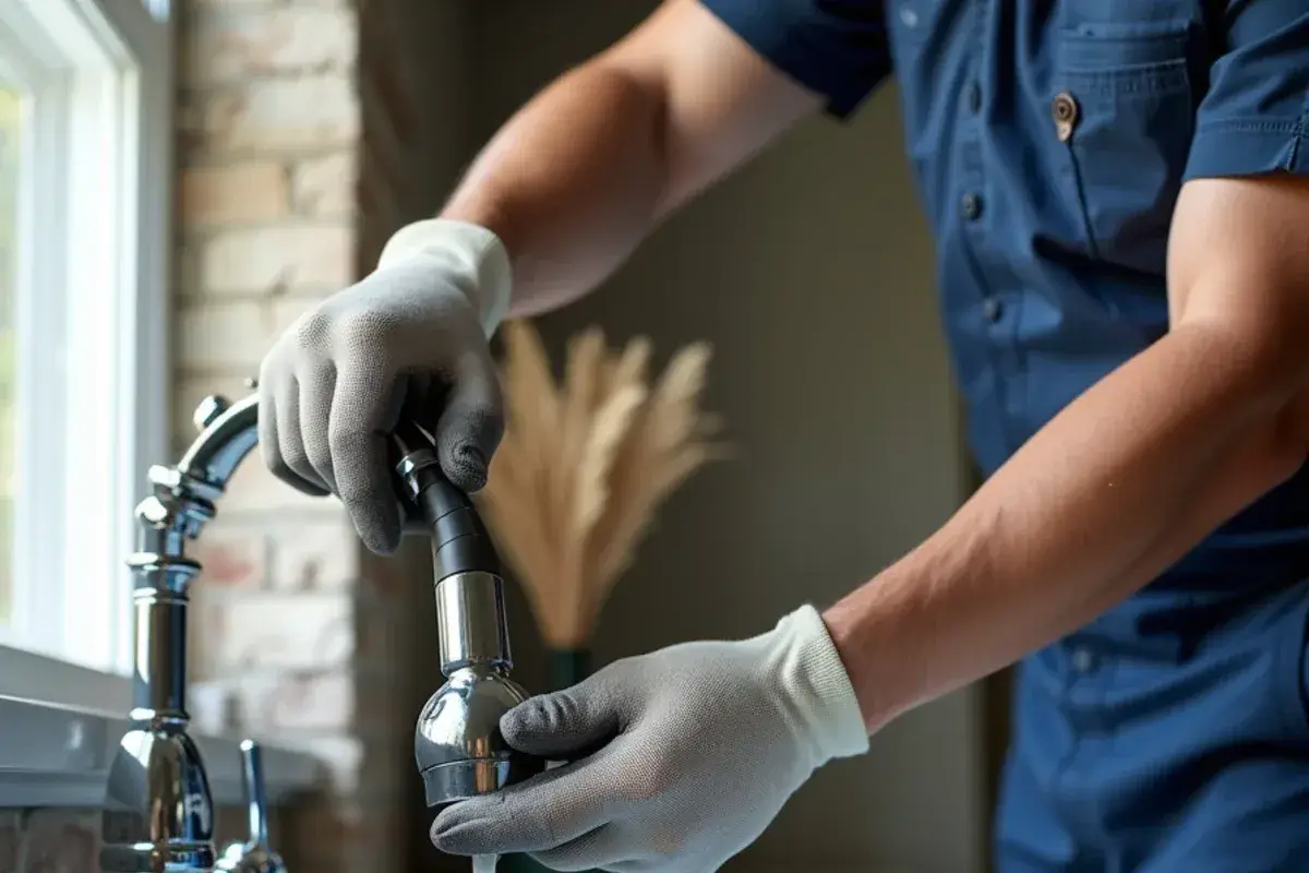 Plumber fitting a new faucet cartridge at a kitchen sink in Georgetown TX