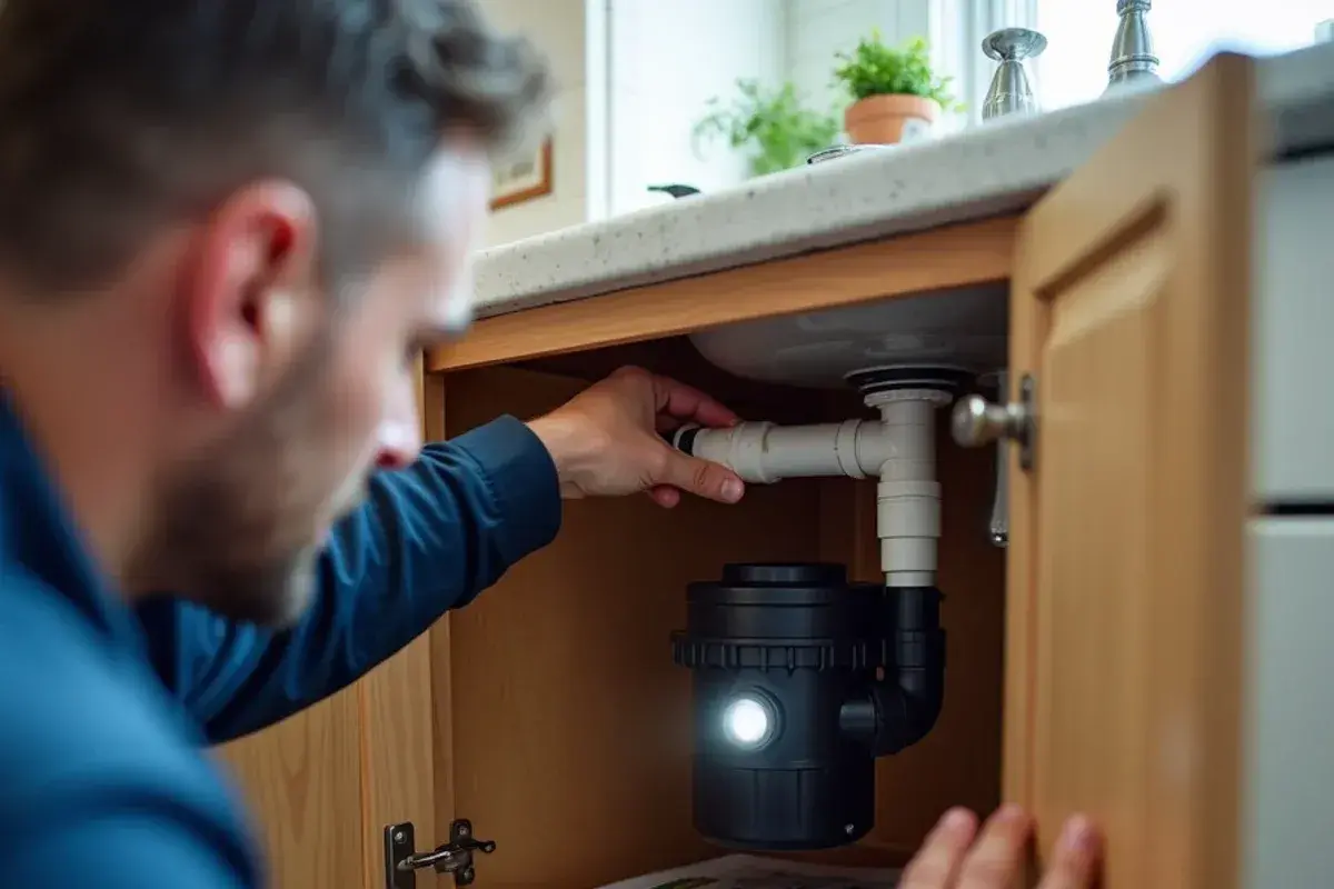 New garbage disposal mounted under a kitchen sink in Georgetown TX