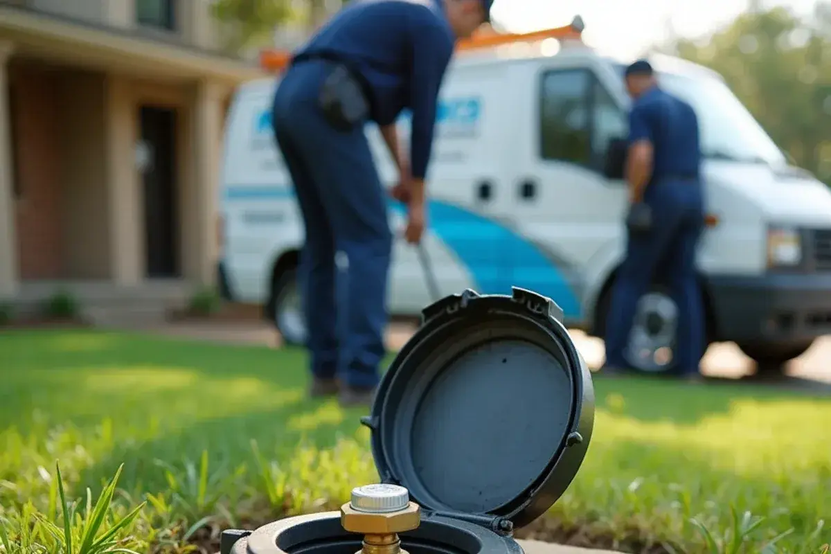 Open water meter box with the customer shut-off valve at a Georgetown TX curb