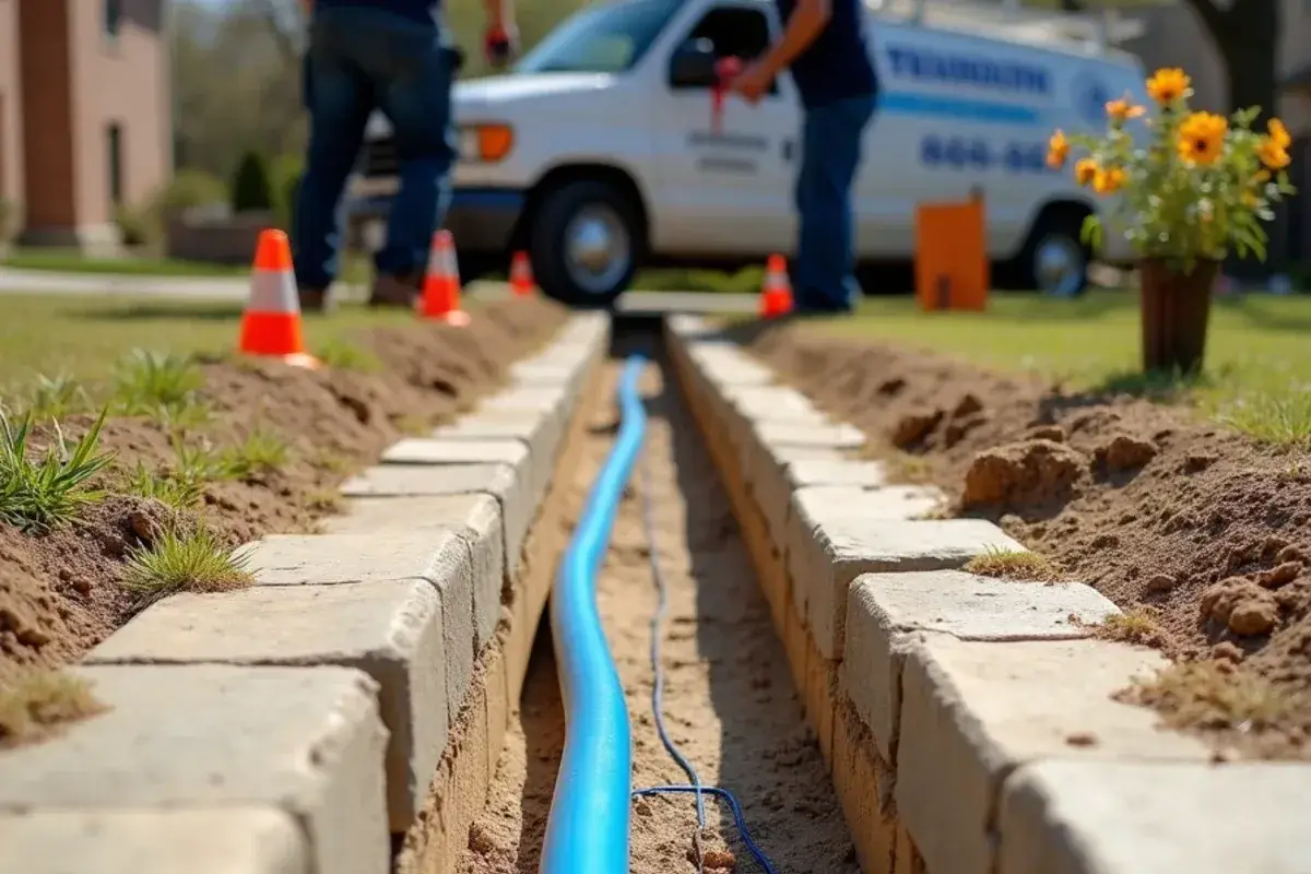 New blue PEX water service line laid in a limestone trench near Georgetown TX