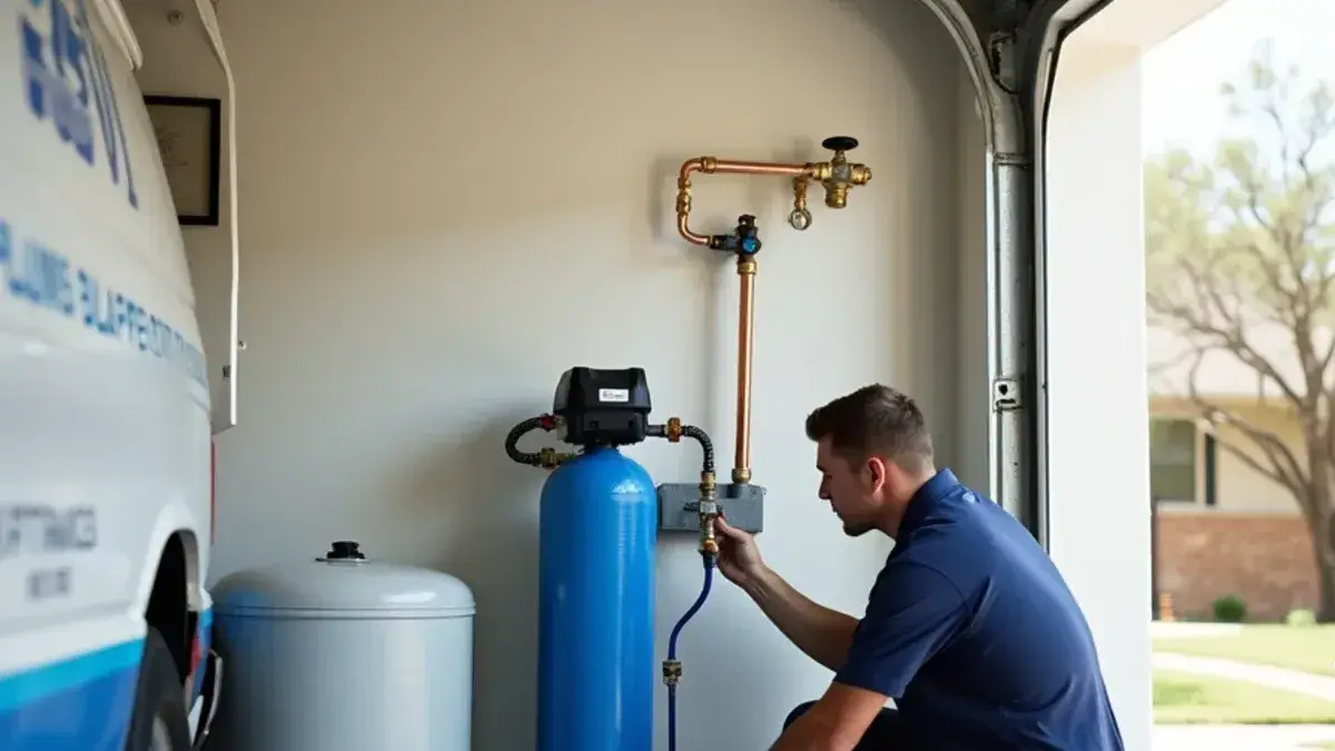 Plumber connecting a water softener to a garage loop in a Georgetown TX home